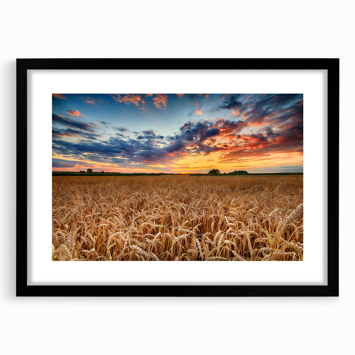 Abstract art print of a colorful European scenery in a black frame, ideal for living room decor.