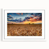 Textured abstract art print of a European scenery in muted earth tones, framed with a white mat, suitable for bedroom decor.