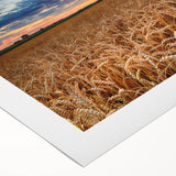 Art deco poster featuring a scenic European cityscape in muted blue and beige tones on rolled canvas.