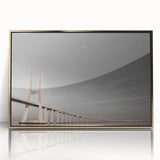 Framed acrylic print of Lisbon cityscape in art deco style, featuring gold and blue tones, ideal for modern art wall decor.