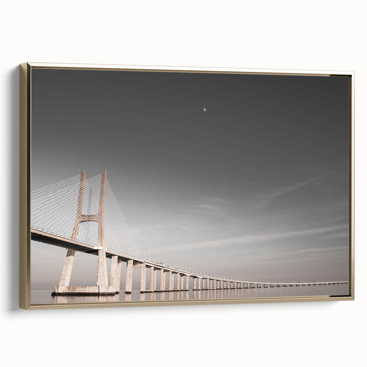 Framed canvas of vintage Lisbon landscape in muted gold and black tones, ideal for bedroom wall art.
