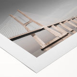 Art deco poster of Lisbon scenery in muted blue and white tones on rolled canvas, suitable for dining room wall art.