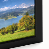 Extra large framed canvas featuring a textured depiction of a Romanian landscape in black with colorful accents.