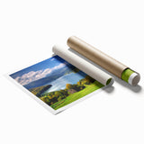 Rolled print of a serene Romanian landscape with vibrant green tones and floral elements, ideal for classy bathroom wall art.
