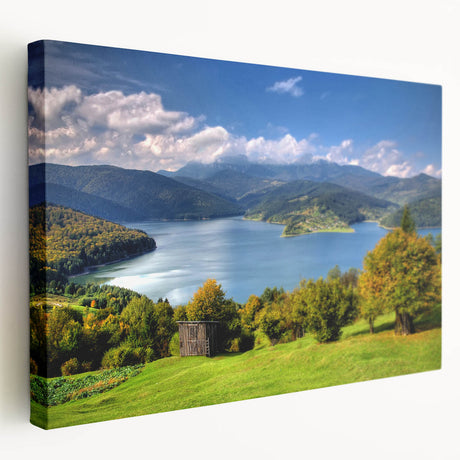 Large art print of a European scenery in Romania on stretched canvas, featuring muted earth tones.