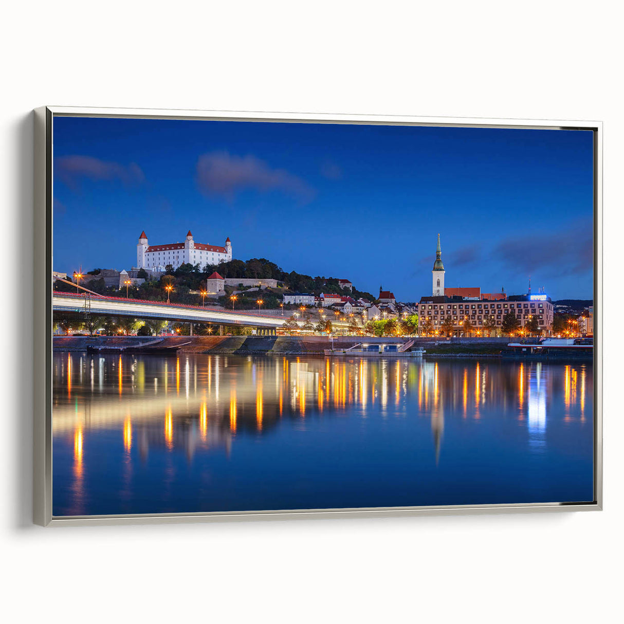 Landscape art painting of a Slovakian scenery on a silver-framed canvas, featuring vintage-style muted colors.