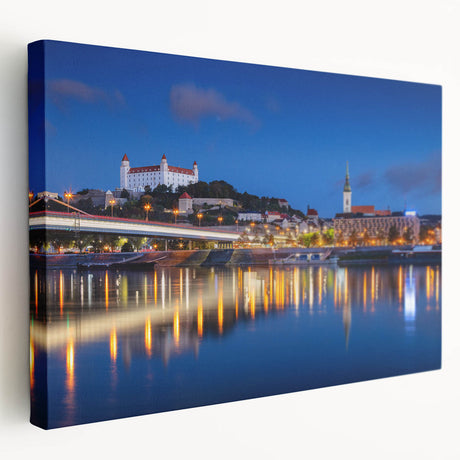 Scenic view of a European town in Slovakia on stretched canvas, featuring muted earth tones, ideal for kitchen wall art.