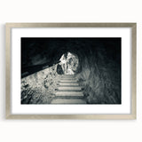 Abstract art print of a Slovenian landscape in muted green and blue tones, framed in silver, ideal for dining room decor.