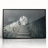 Large abstract wall art depicting a European Slovenian landscape in muted greens and blues, framed in black acrylic.