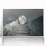 Large art print of a Slovenian landscape in muted green and blue tones, framed in white acrylic.