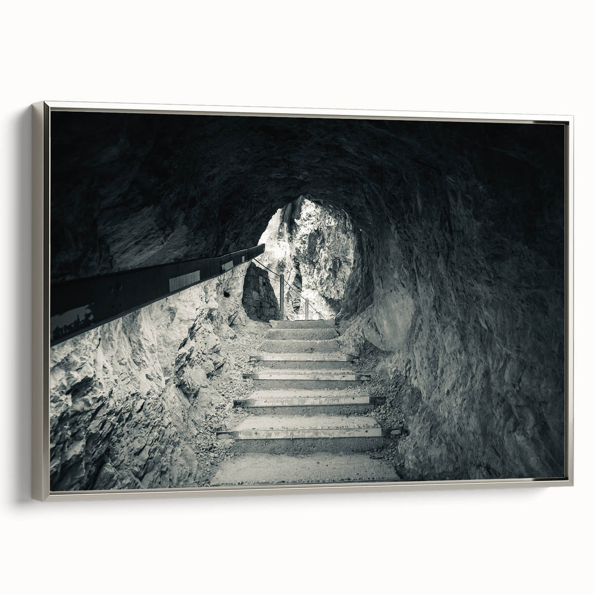 Vintage poster art of a Slovenian landscape on a framed canvas, featuring vibrant colors and silver frame.