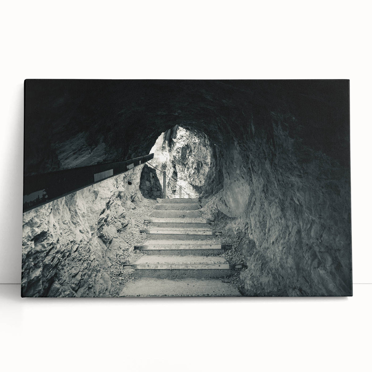 Black and white photograph of a Slovenian landscape on stretched canvas, ideal for kitchen wall art.