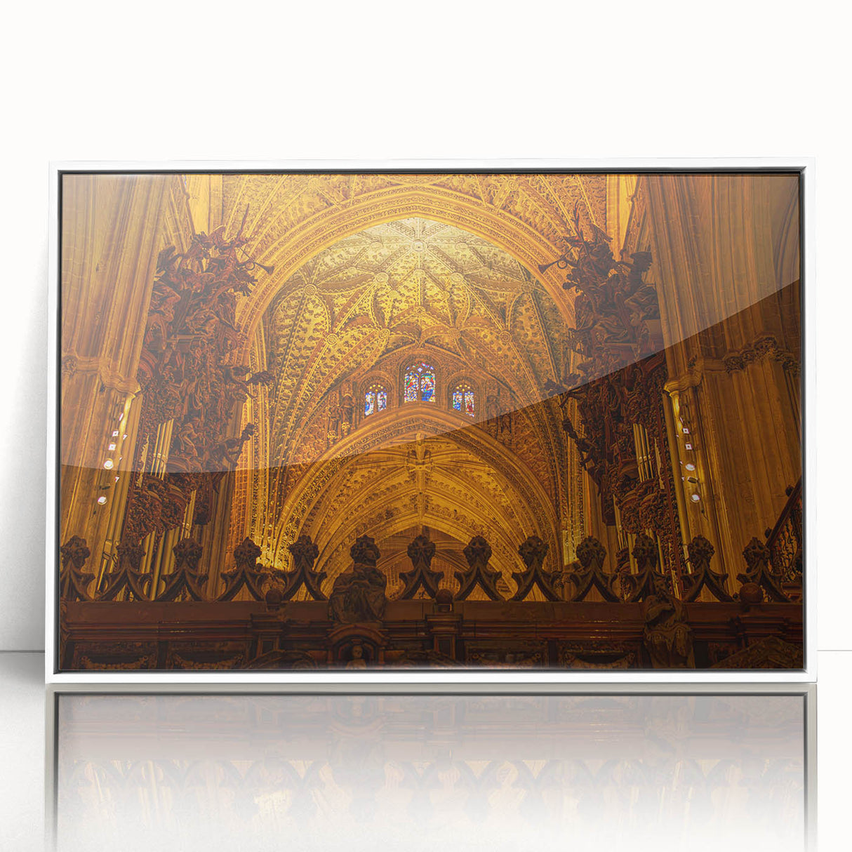 Acrylic print of Andalucian scenery in mid-century modernist style, framed in white, suitable for modern art wall decor.