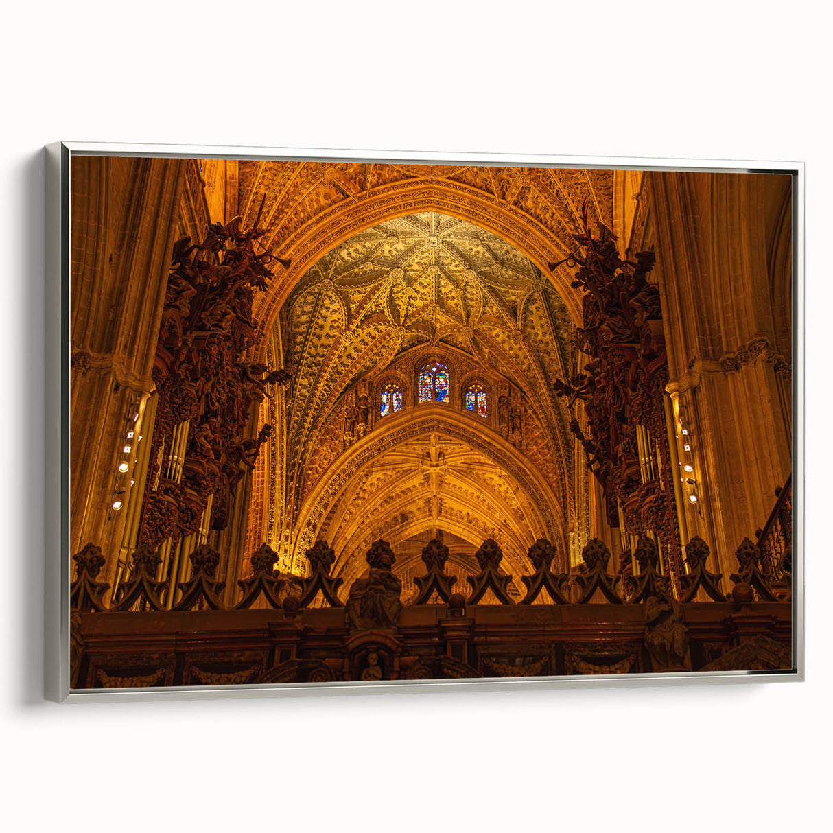 Vintage poster art of Andalucía with colorful accents on black, framed in silver, ideal for living room decor.