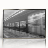 Framed acrylic print of a mid-century modernist Barcelona cityscape in muted earth tones, suitable for modern art wall decor.