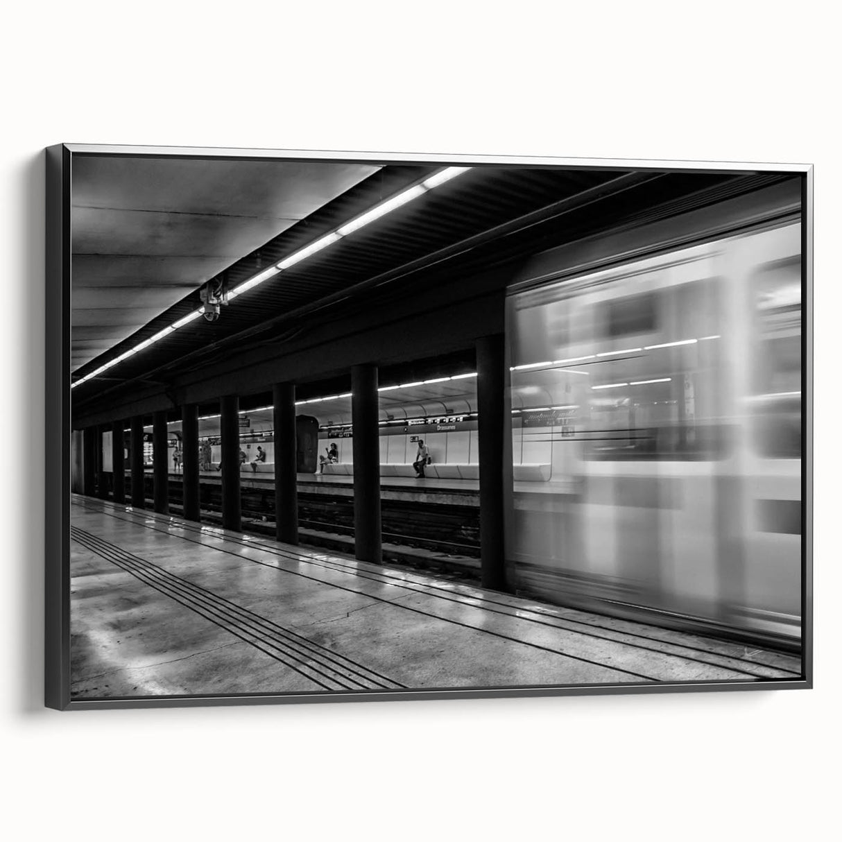 Black and white vintage poster art of Barcelona landscape on framed canvas, ideal for bedroom wall decor.