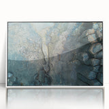 Mid-century modernist art depicting a European scenery in muted earth tones on a framed acrylic.