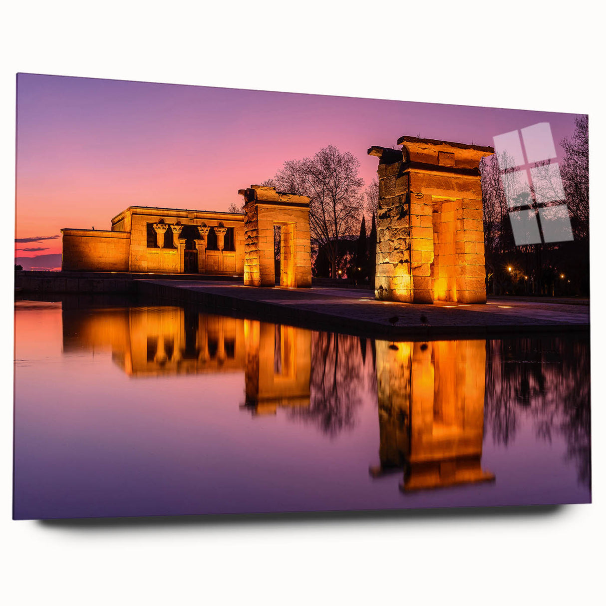 Large abstract depiction of Madrid's skyline in muted earth tones on acrylic glass.