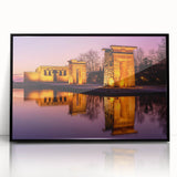 Large abstract wall art of Madrid skyline in muted blue and orange tones on framed acrylic.