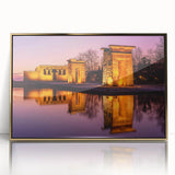 Large acrylic print of Madrid scenery in gold frame, featuring mid-century modernist style.