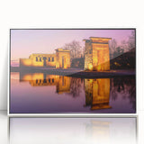 Art deco poster of Madrid skyline in muted gray and blue tones on framed acrylic, ideal for modern nursery wall art.