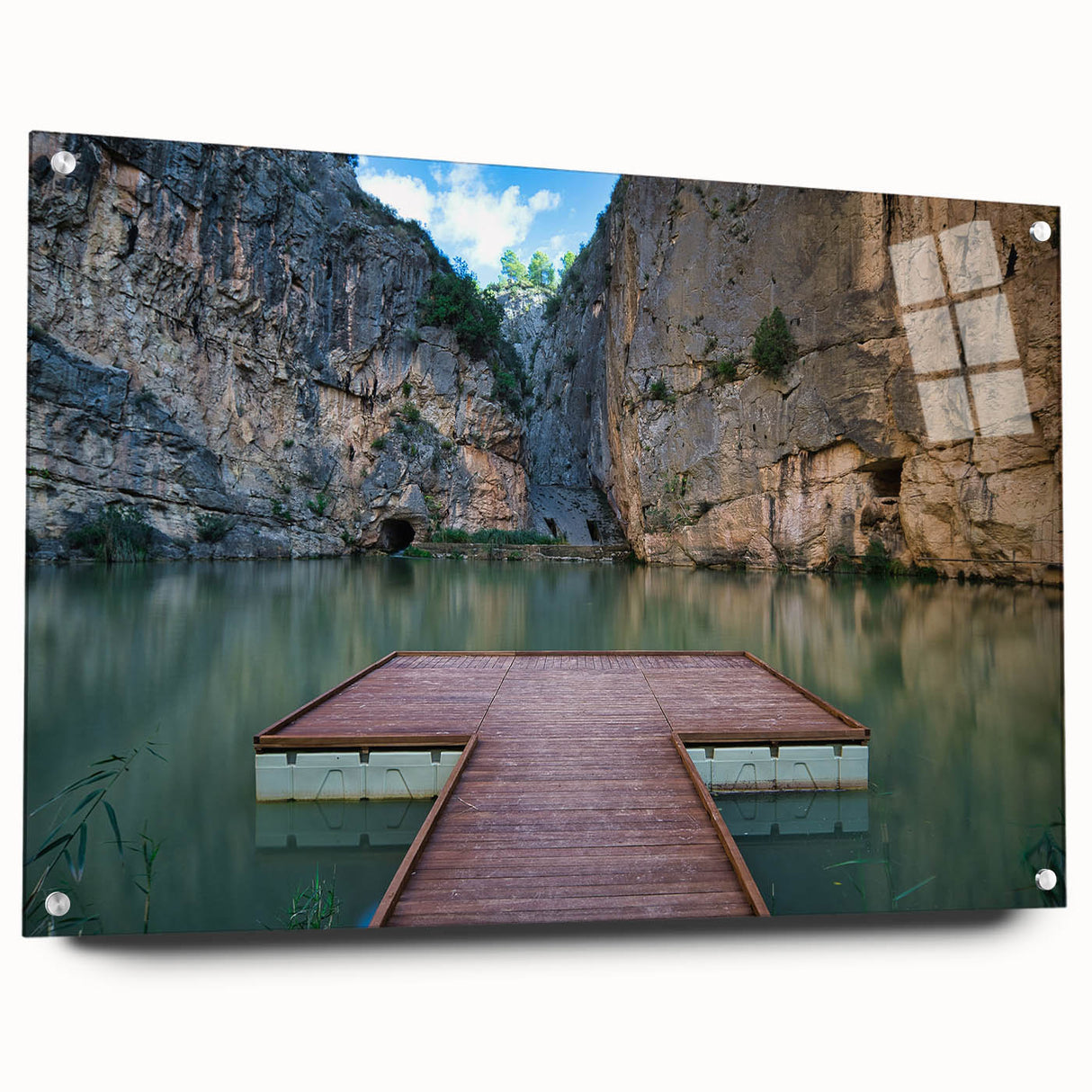 Acrylic print of a large abstract depiction of Valencia, featuring vibrant orange and blue tones.