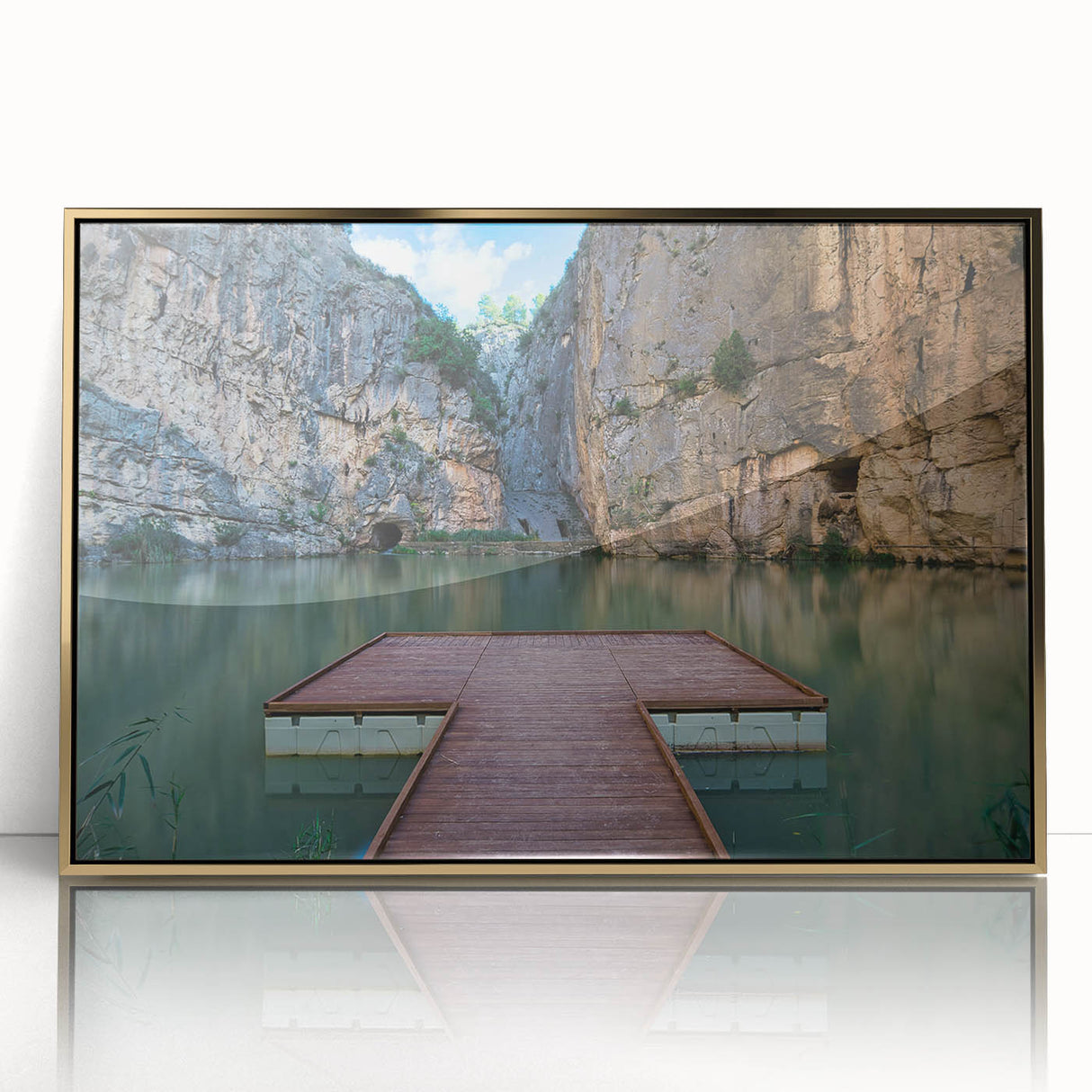 Mid-century modernist acrylic print of Valencia scenery in muted earth tones, framed in gold.