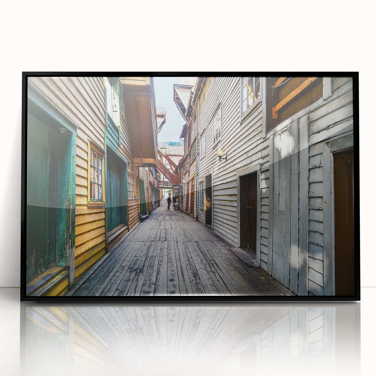 Large abstract wall art of Stockholm's scenery in black acrylic frame, featuring mid-century modernist style.