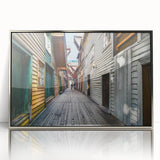Mid-century modernist art of Stockholm scenery in muted blue and gray on a silver-framed acrylic.