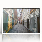 Art deco poster of Stockholm scenery in muted gray and blue tones, acrylic framed, ideal for modern nursery wall art.