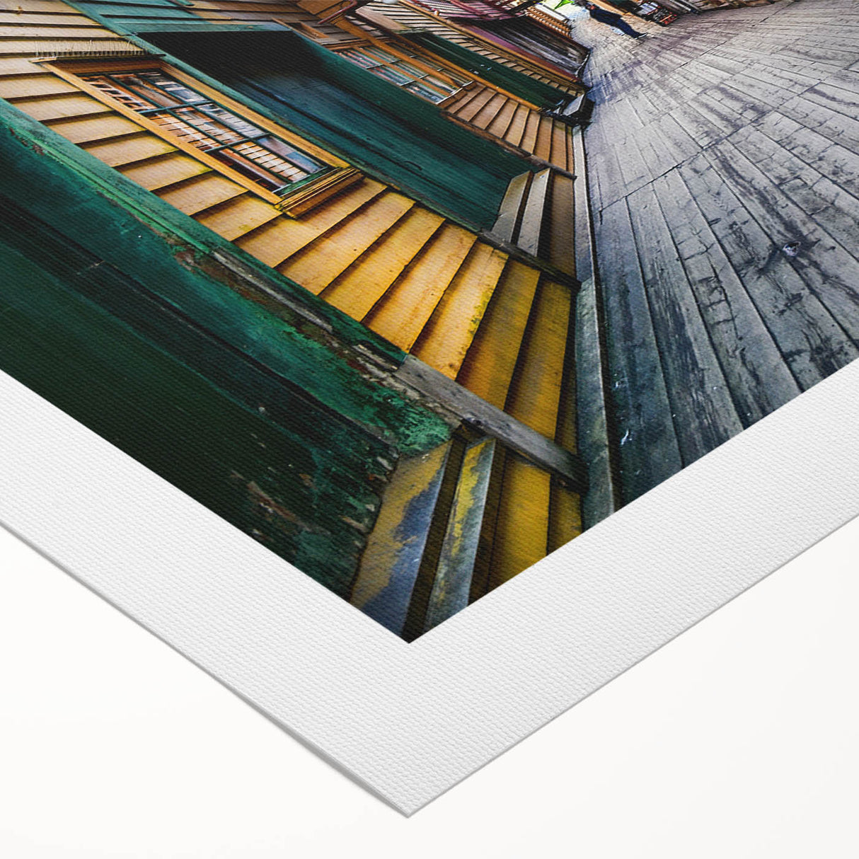 Art deco poster of Stockholm scenery in muted blue and yellow tones on rolled canvas, suitable for dining room wall art.
