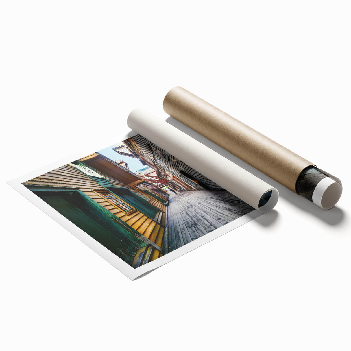 Extra large rolled print of Stockholm scenery with soft floral elements, ideal for classy bathroom wall art.