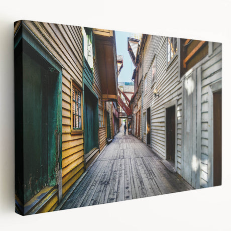 Side view of a large stretched canvas depicting a serene Stockholm scenery in subtle blue and gray tones.