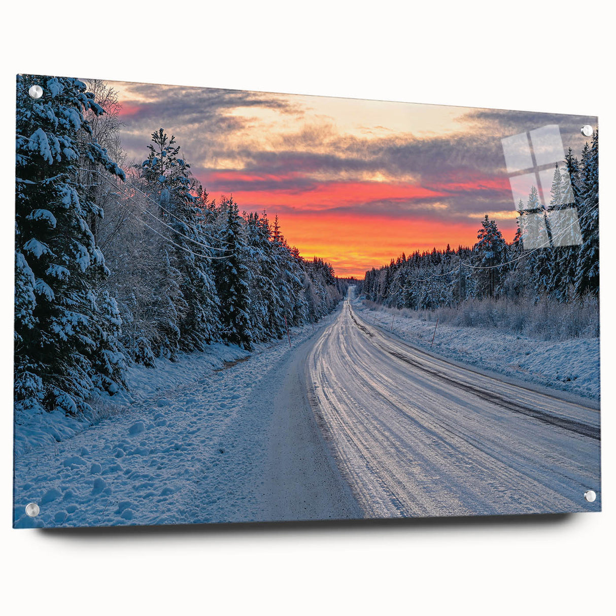 Acrylic print of a serene Swedish landscape in muted green and blue tones, ideal for dining room decor.