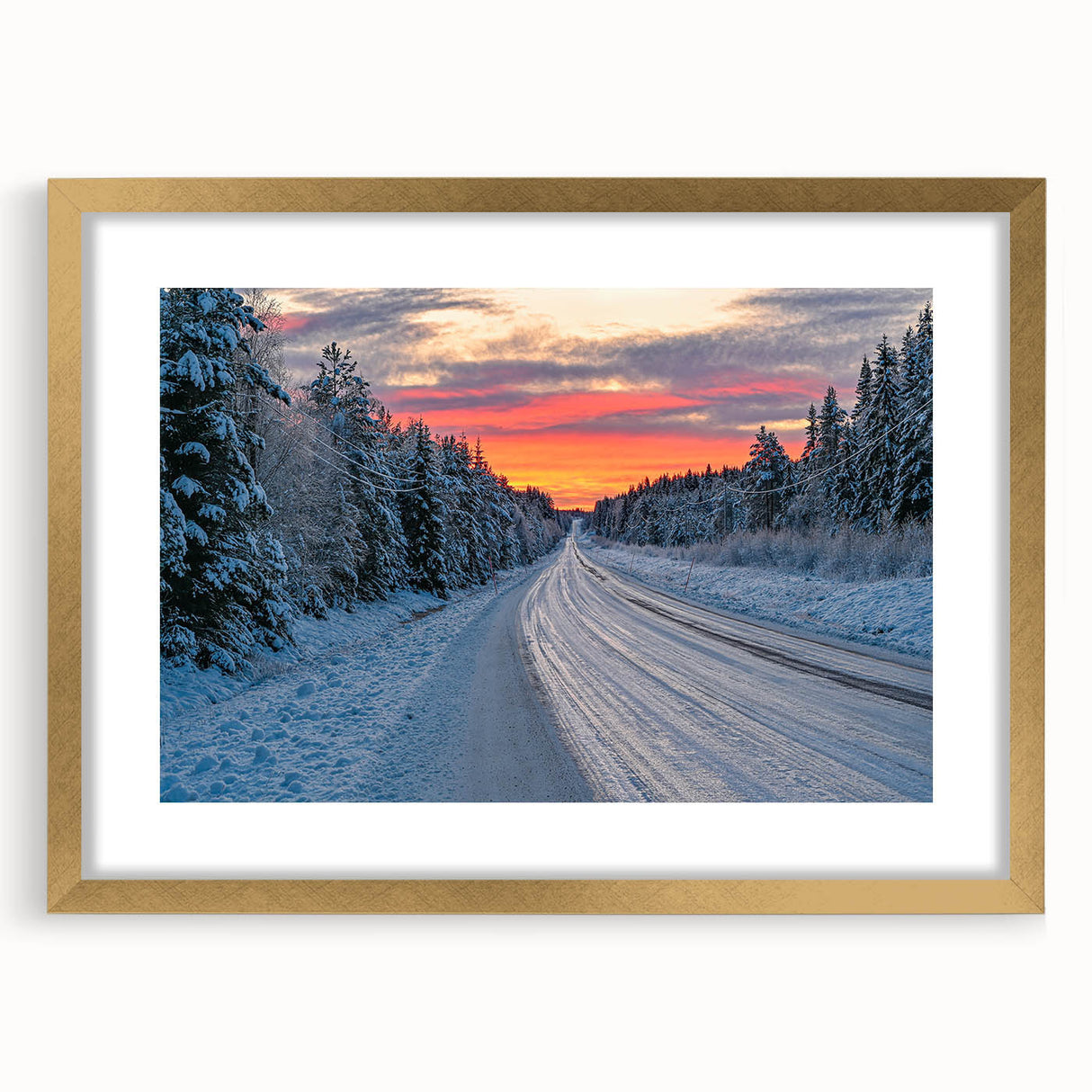 Extra large abstract art print of a textured European scenery in gold frame, suited for living room decor.
