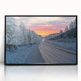 Large abstract wall art depicting a serene Swedish landscape in muted green and blue tones, framed in black acrylic.