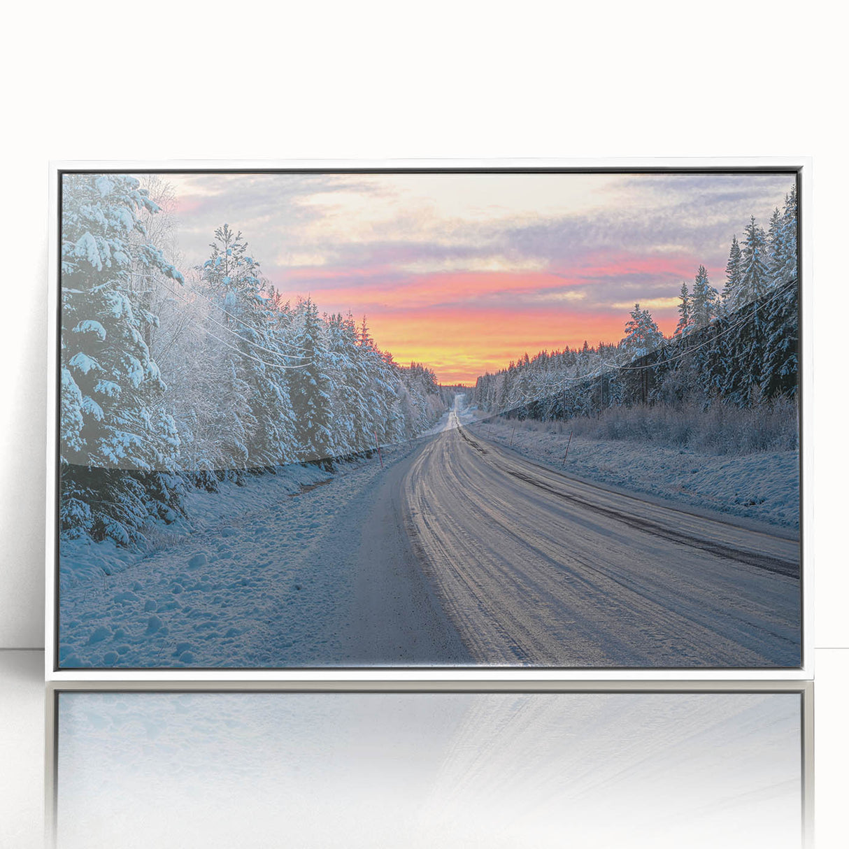 Acrylic print of a serene Swedish landscape in muted blue and green tones, framed in white, ideal for modern art wall decor.