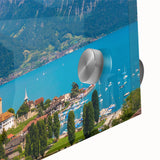 Large abstract wall art of Geneva scenery in muted earth tones on acrylic glass, ideal for dining room ambiance.