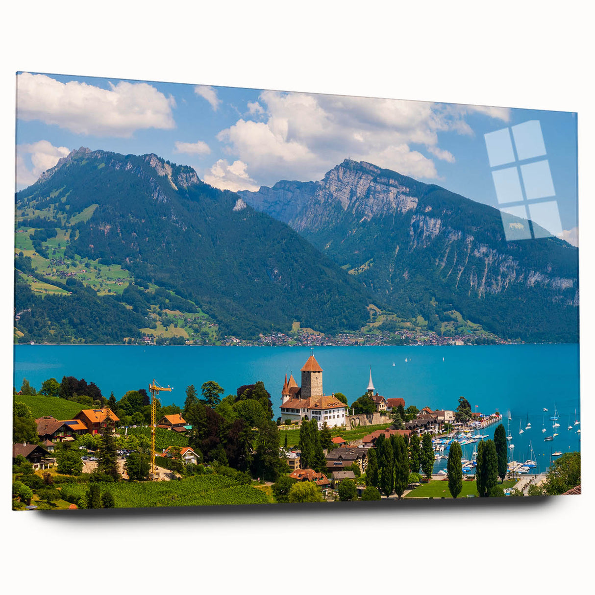 Large abstract depiction of Geneva on acrylic glass, featuring cool blue and gray tones.