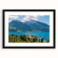 Extra large colorful art print of abstract Geneva scenery, textured design on a framed black mat.