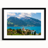 Extra large colorful art print of abstract Geneva scenery, textured design on a framed black mat.