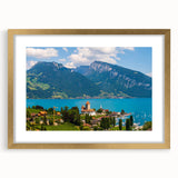 Extra large abstract art print depicting a textured European scenery in muted earth tones, framed in gold.