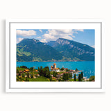 Abstract art print of Geneva scenery with muted gray and blue tones on a framed white mat, ideal for dining room decor.