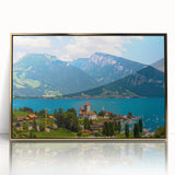 Acrylic print of Geneva scenery with gold frame, featuring mid-century modernist style and muted earth tones.