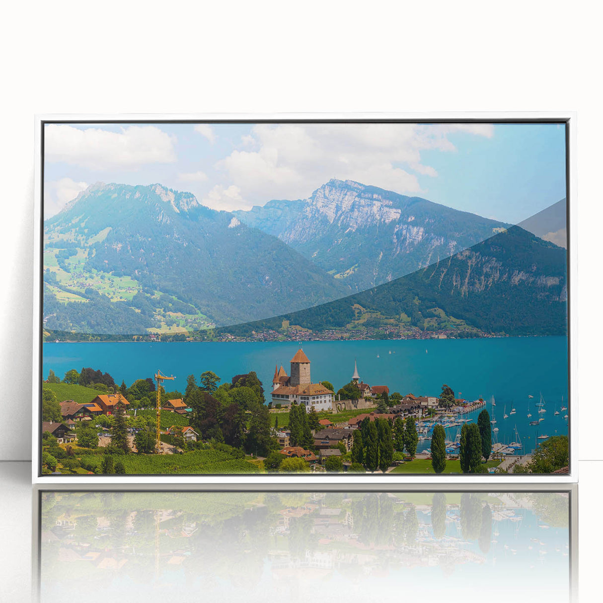 Framed acrylic print of Geneva scenery in art deco style, with muted blue and white tones, ideal for modern art wall decor.
