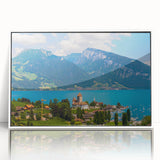 Framed acrylic print of Geneva scenery in art deco style, with muted blue and white tones, ideal for modern art wall decor.