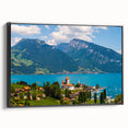 Black and white wall art featuring a vintage poster art style landscape of Geneva, Switzerland, on a framed canvas.