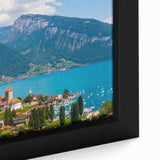 Extra large framed canvas featuring a textured depiction of Geneva's scenery in black with colorful accents.