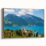 Framed canvas of a vintage Geneva landscape painting in black and gold tones, ideal for bedroom wall art.