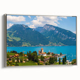 Framed canvas landscape art painting of Geneva with colorful vintage poster style, ideal for office decor.